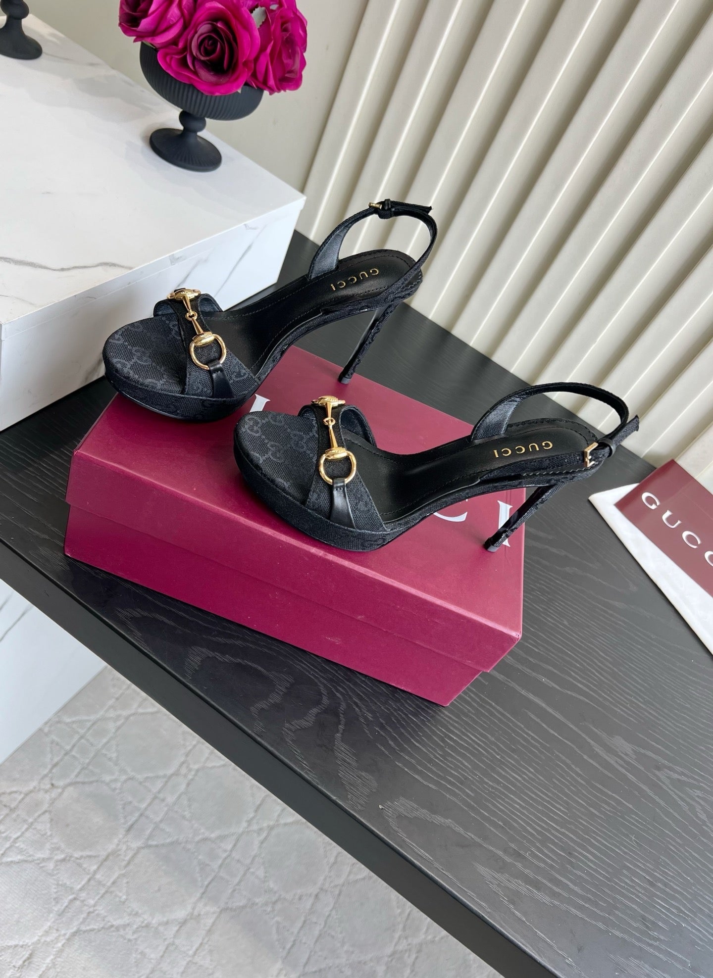 GUCCI 26S HORSEBIT GG SANDALS 105 MM IN BLACK CANVAS