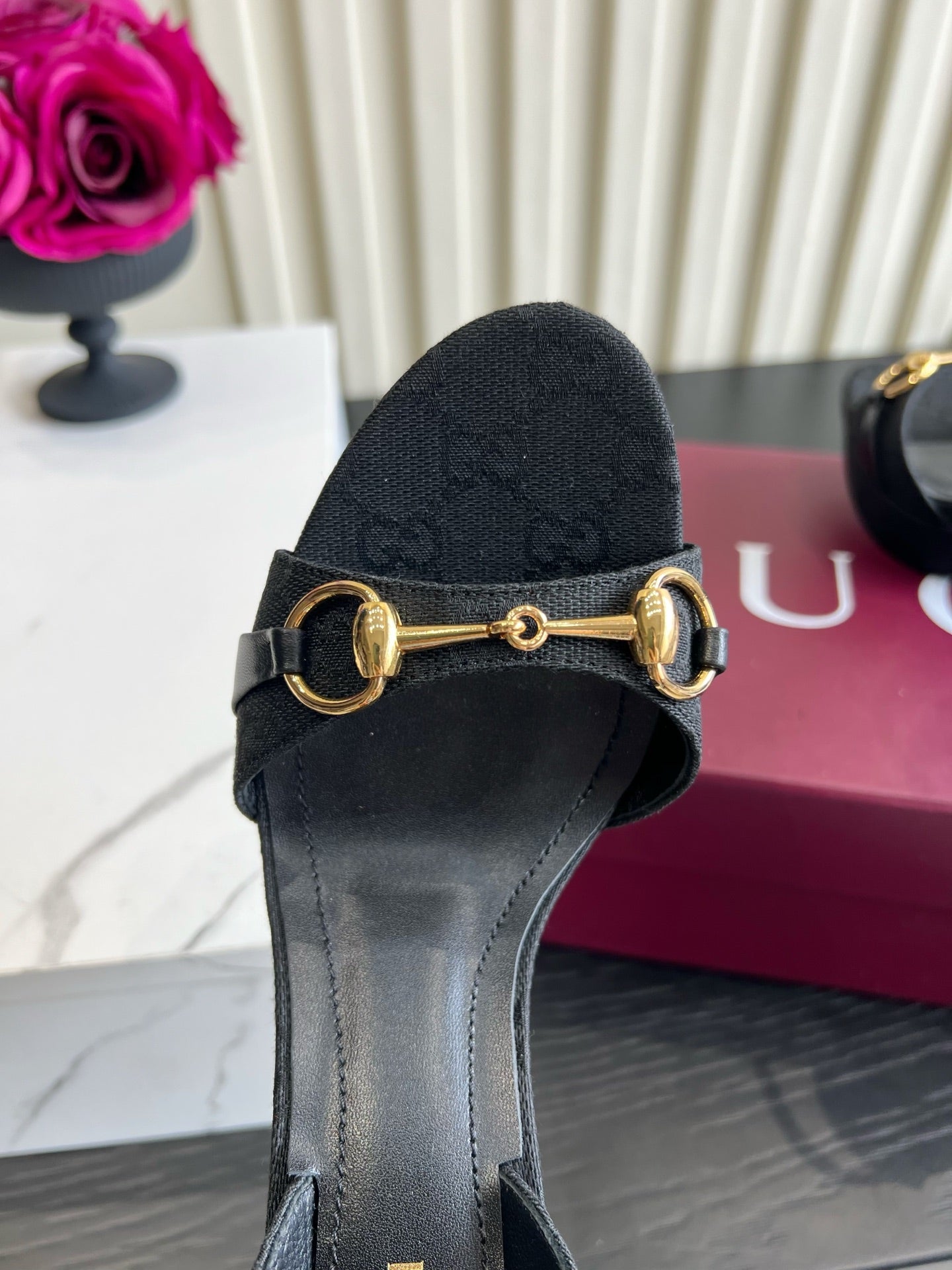 GUCCI 26S HORSEBIT GG SANDALS 105 MM IN BLACK CANVAS