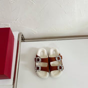 SLIDY VIV’ FUR STRASS BUCKLE MULES IN BROWN SUEDE AND CREAM SHEARLING INSOLE