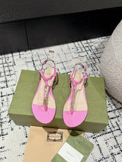 THONG SANDAL IN FUSCIA PINK CALFSKIN WITH GOLD HARDWARE