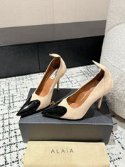 ALAIA HIGH PUMPS 10CM IN BEIGE SUEDE MIX BLACK CALFSKIN