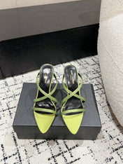 HIGH CRYSTAL STRAP SANDALS IN PEAR GREEN SILK