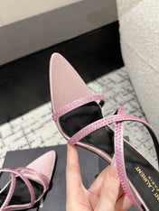 HIGH CRYSTAL STRAP SANDALS IN LIGHT PINK SILK