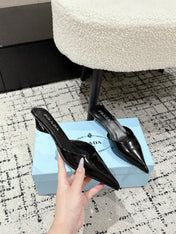 PRADA 25S POINTED-TOE MULES IN BLACK CALFSKIN