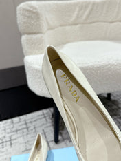 PRADA 25S SQUARE TOE HIGH HEELS IN IVORY GLOSSY CALFSKIN