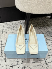 PRADA 25S SQUARE TOE HIGH HEELS IN IVORY GLOSSY CALFSKIN