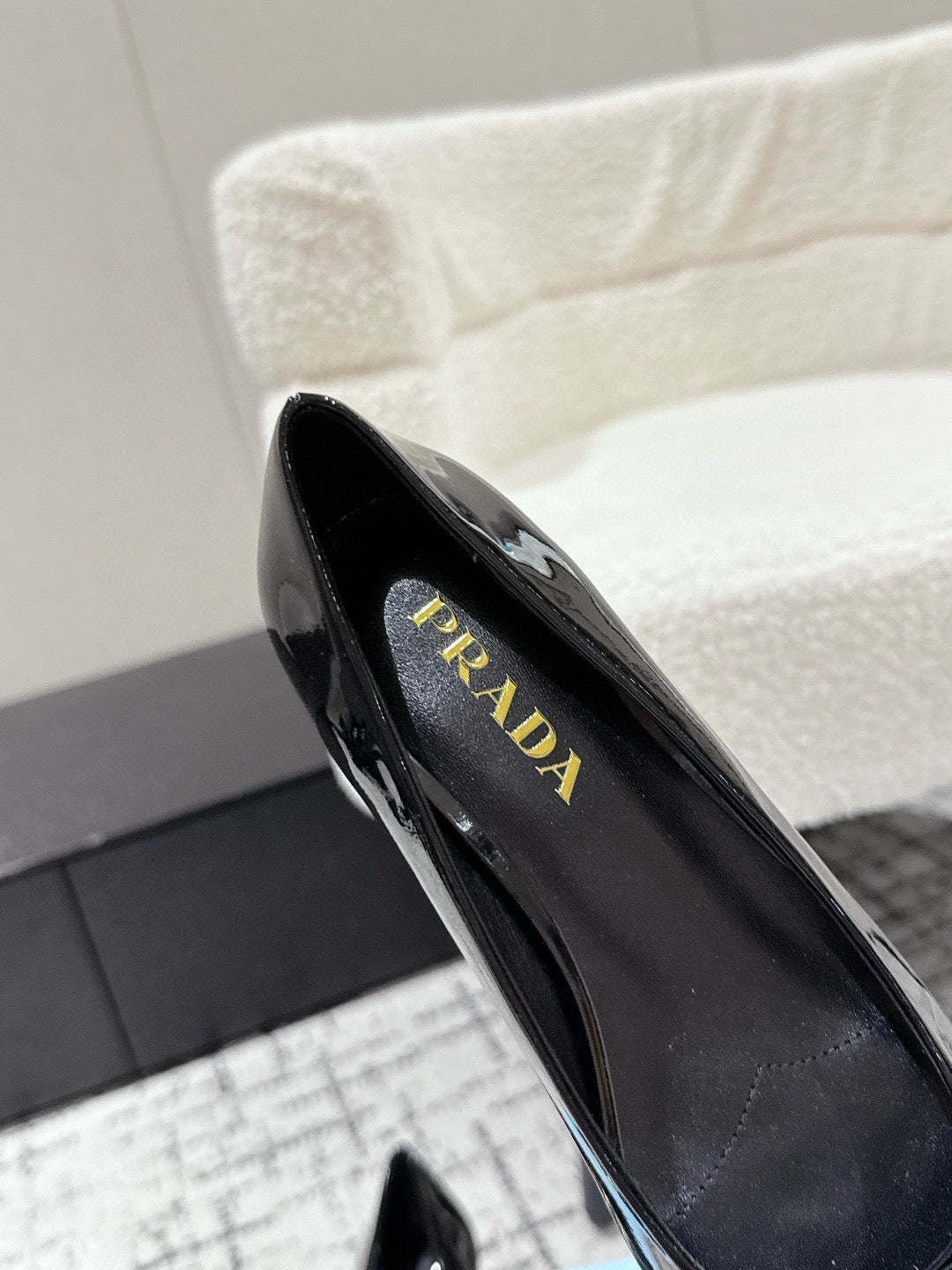 PRADA 25S SQUARE TOE HIGH HEELS IN BLACK GLOSSY CALFSKIN