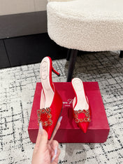 ROGER VIVIER 25S EFFLORESCENCE MULES 65MM IN BRIGHT RED SATIN EMBELLISHED CRYSTALS