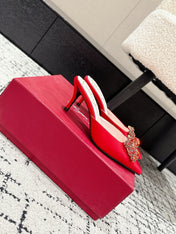 ROGER VIVIER 25S EFFLORESCENCE MULES 65MM IN BRIGHT RED SATIN EMBELLISHED CRYSTALS