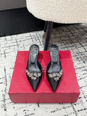 ROGER VIVIER 25S POINTED TOE HEELED MULES 65MM IN BLACK SATIN EMBELLISHED CRYSTALS