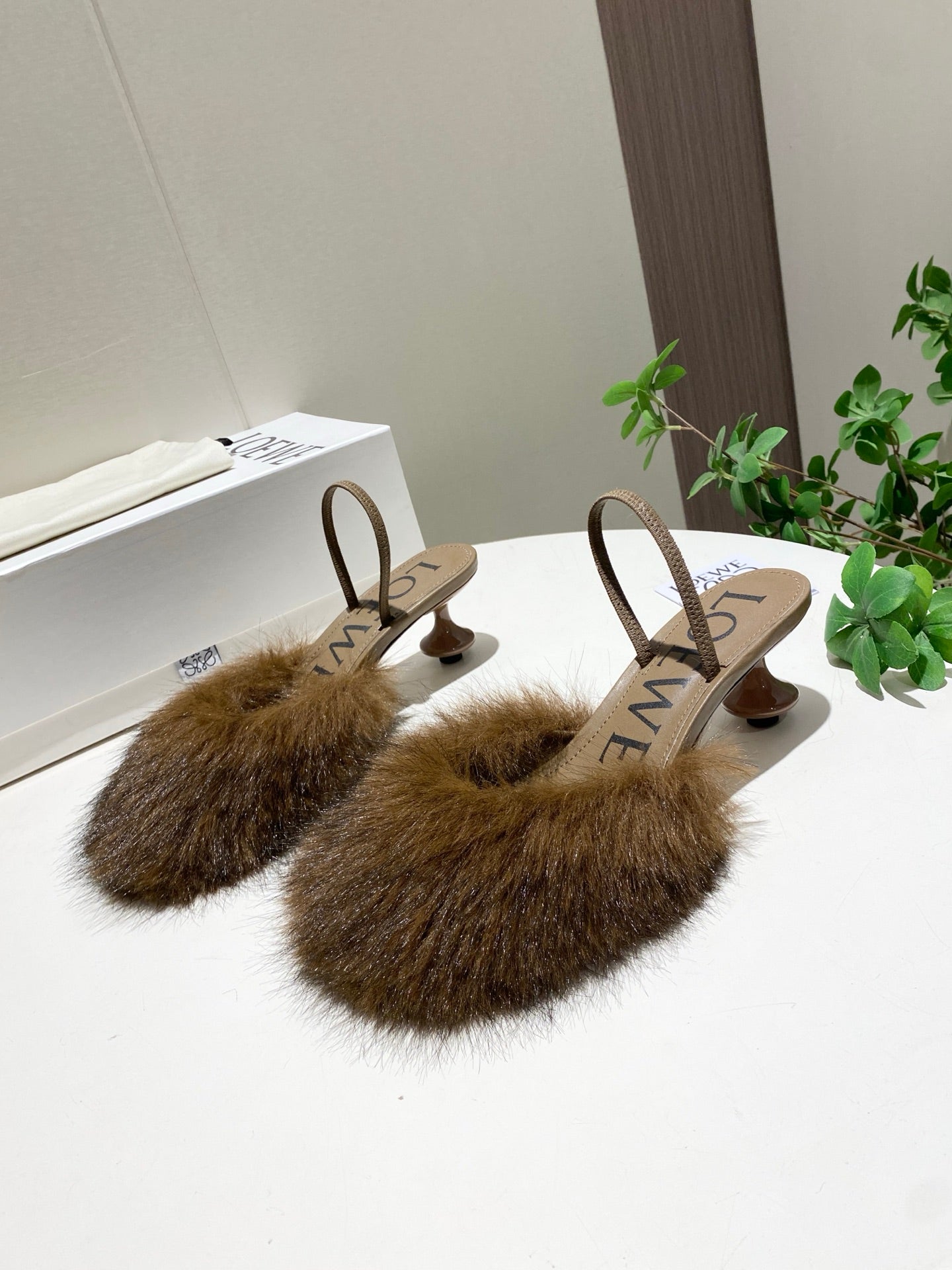 LOEWE 26S OPEN-BACK HIGH HEELS 60MM IN DARK BROWN CALFSKIN WITH FUR