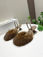 LOEWE 26S OPEN-BACK HIGH HEELS 60MM IN DARK BROWN CALFSKIN WITH FUR