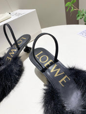 LOEWE 26S OPEN-BACK HIGH HEELS 60MM IN BLACK CALFSKIN WITH FUR