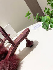 LOEWE 26S OPEN-BACK HIGH HEELS 60MM IN WINE RED CALFSKIN WITH FUR