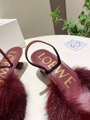 LOEWE 26S OPEN-BACK HIGH HEELS 60MM IN WINE RED CALFSKIN WITH FUR