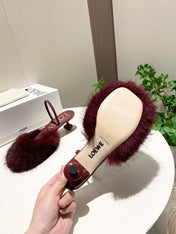 LOEWE 26S OPEN-BACK HIGH HEELS 60MM IN WINE RED CALFSKIN WITH FUR