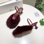 LOEWE 26S OPEN-BACK HIGH HEELS 60MM IN WINE RED CALFSKIN WITH FUR