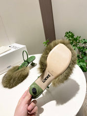 LOEWE 26S OPEN-BACK HIGH HEELS 60MM IN GREEN CALFSKIN WITH FUR