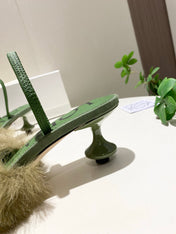 LOEWE 26S OPEN-BACK HIGH HEELS 60MM IN GREEN CALFSKIN WITH FUR