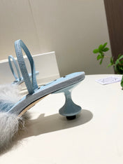 LOEWE 26S OPEN-BACK HIGH HEELS 60MM IN LIGHT BLUE CALFSKIN WITH FUR