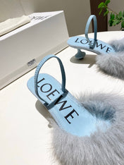 LOEWE 26S OPEN-BACK HIGH HEELS 60MM IN LIGHT BLUE CALFSKIN WITH FUR