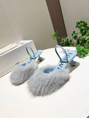 LOEWE 26S OPEN-BACK HIGH HEELS 60MM IN LIGHT BLUE CALFSKIN WITH FUR