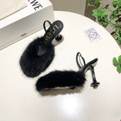 LOEWE 26S OPEN-BACK HIGH HEELS 100MM IN BLACK CALFSKIN WITH FUR