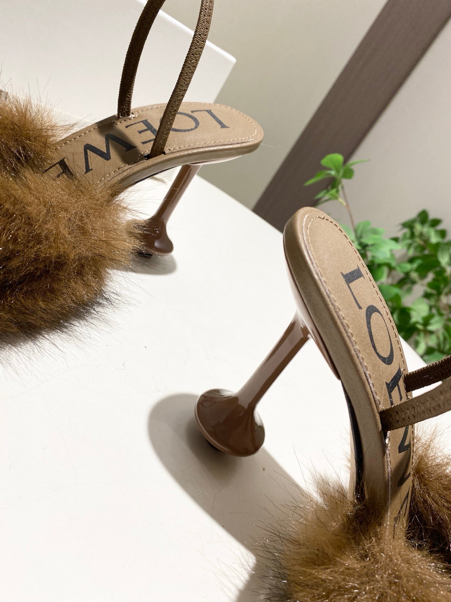 LOEWE 26S OPEN-BACK HIGH HEELS 100MM IN DARK BROWN CALFSKIN WITH FUR
