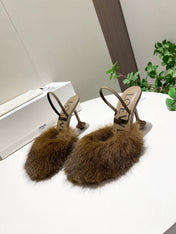 LOEWE 26S OPEN-BACK HIGH HEELS 100MM IN DARK BROWN CALFSKIN WITH FUR
