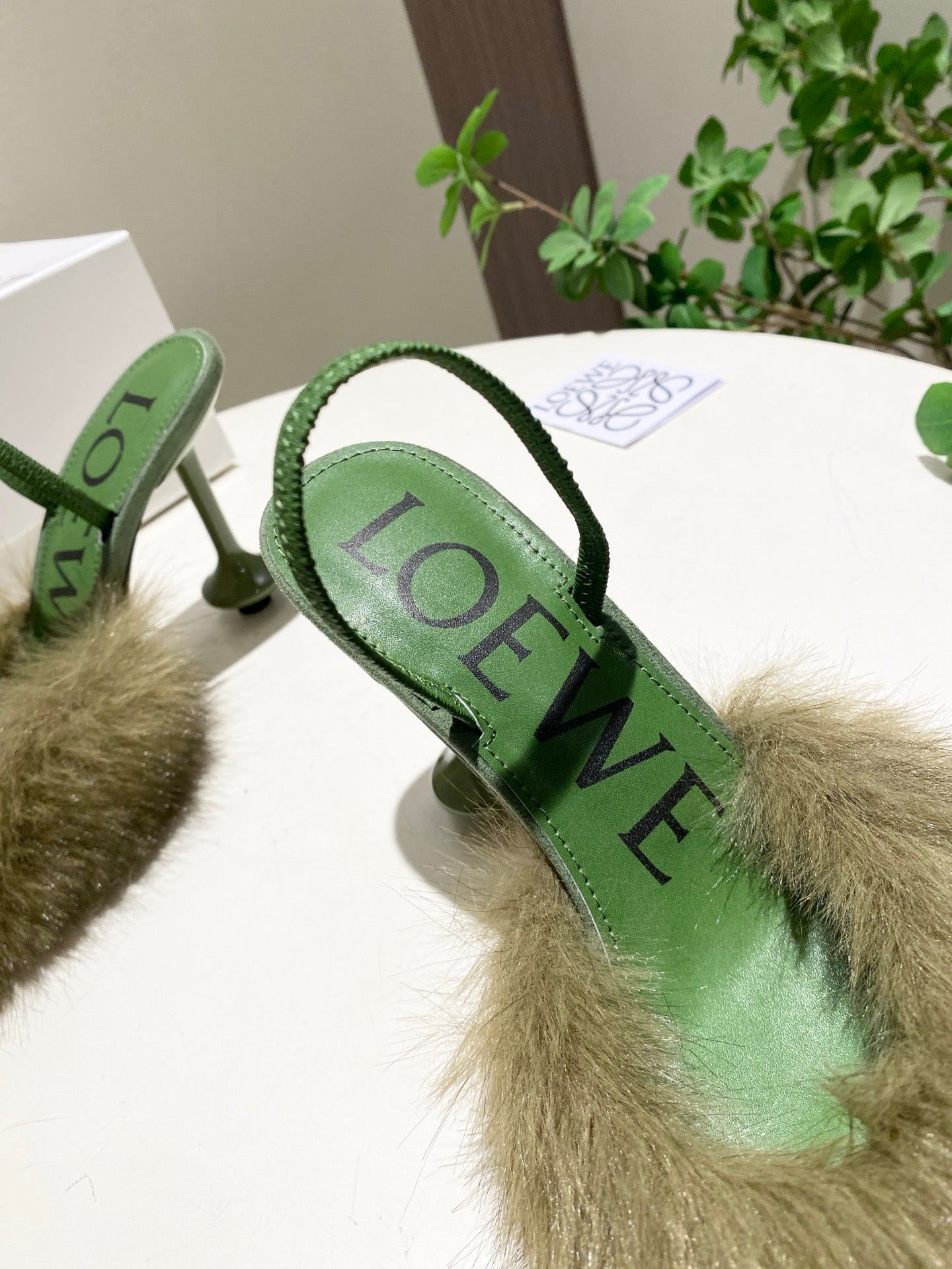 LOEWE 26S OPEN-BACK HIGH HEELS 100MM IN GREEN CALFSKIN WITH FUR