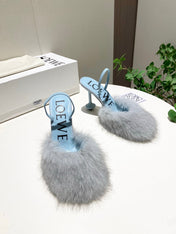 LOEWE 26S OPEN-BACK HIGH HEELS 100MM IN LIGHT BLUE CALFSKIN WITH FUR