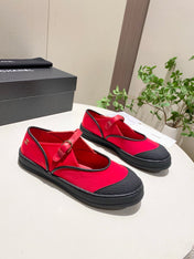 CHANEL 26S MARY JANE FLAT IN BLACK MIX RED FABRIC AND LAMBSKIN