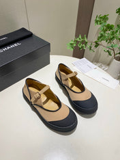 CHANEL 26S MARY JANE FLAT IN BLACK MIX BEIGE FABRIC AND LAMBSKIN