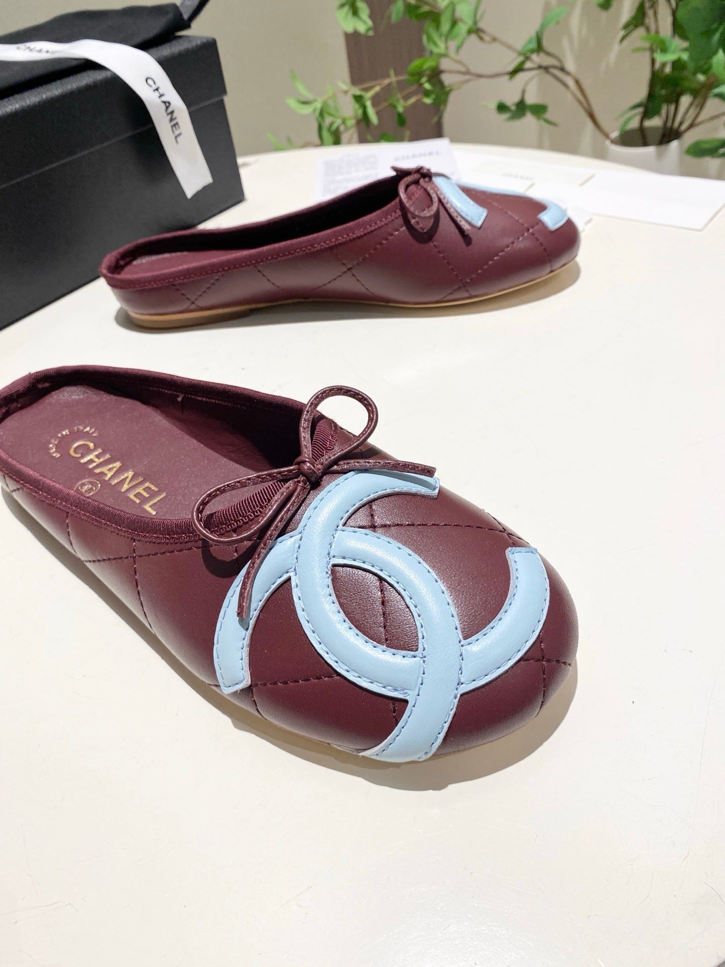 CHANEL 26S FLAT MULES IN DARK RED LAMBSKIN