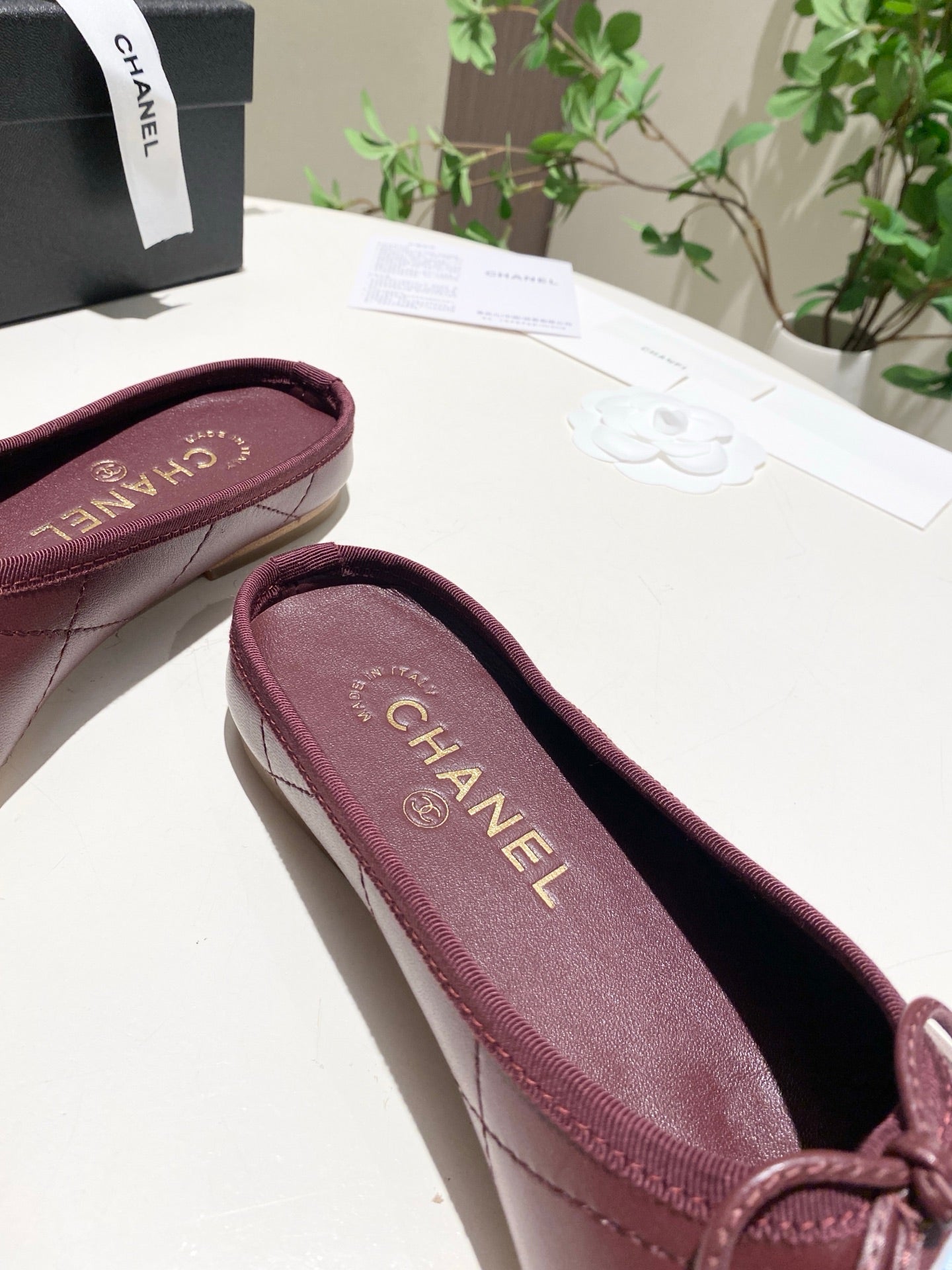 CHANEL 26S FLAT MULES IN DARK RED LAMBSKIN