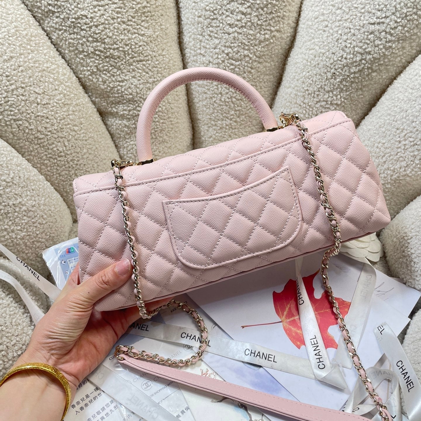 CHANEL 26S COCO HANDLE BAG 32 IN LIGHT PINK CAVIAR CALFSKIN GOLD HARDWARE
