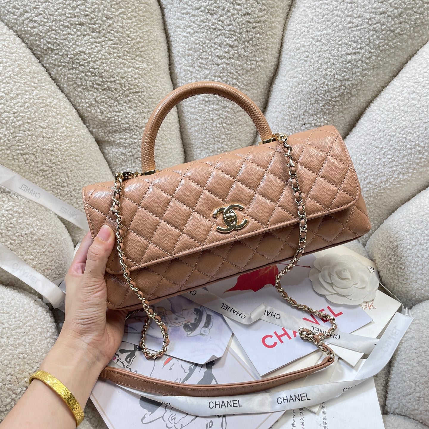 CHANEL 26S COCO HANDLE BAG 32 IN DARK BEIGE CAVIAR CALFSKIN GOLD HARDWARE