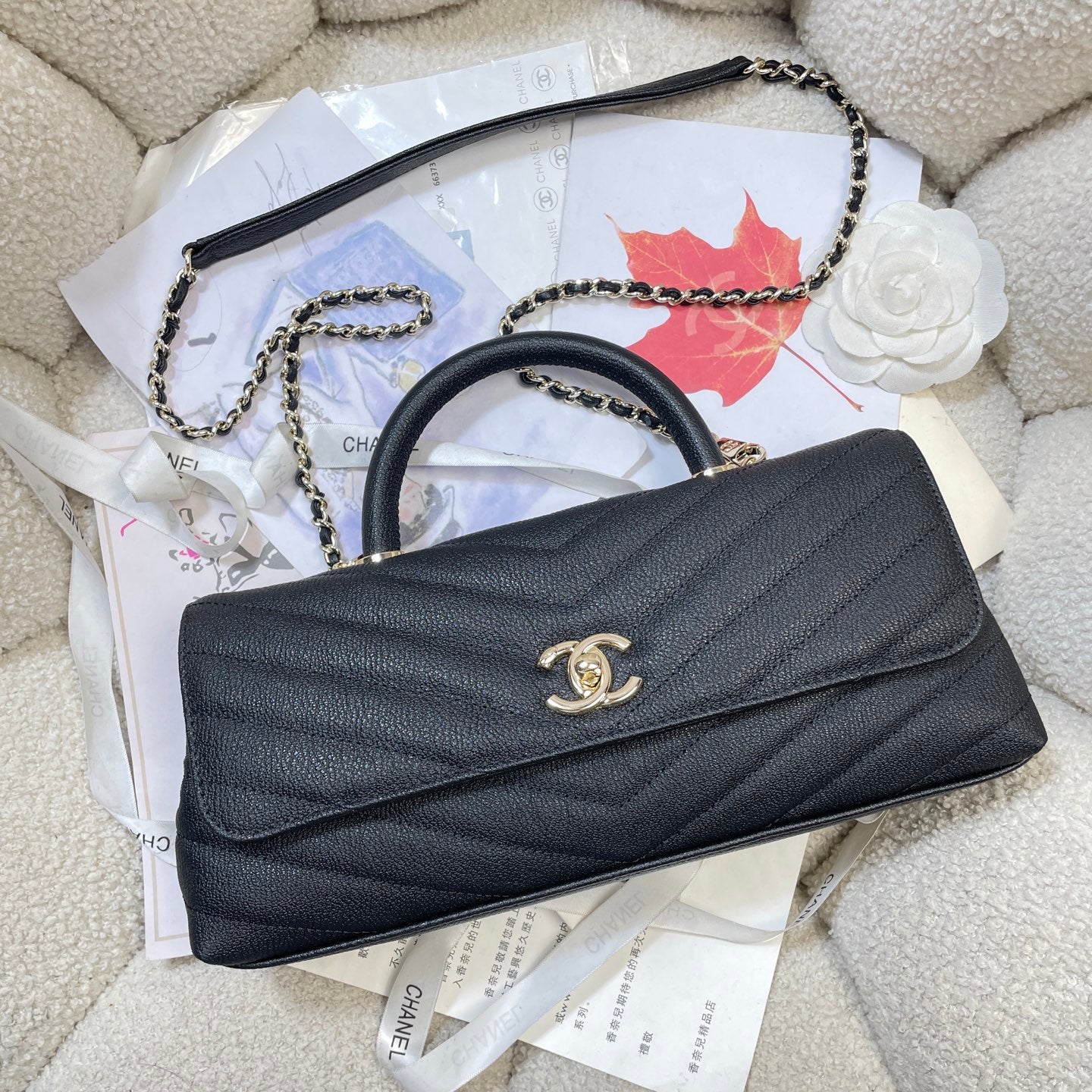 CHANEL 26S COCO HANDLE BAG 32 IN BLACK GRAINED CALFSKIN GOLD HARDWARE