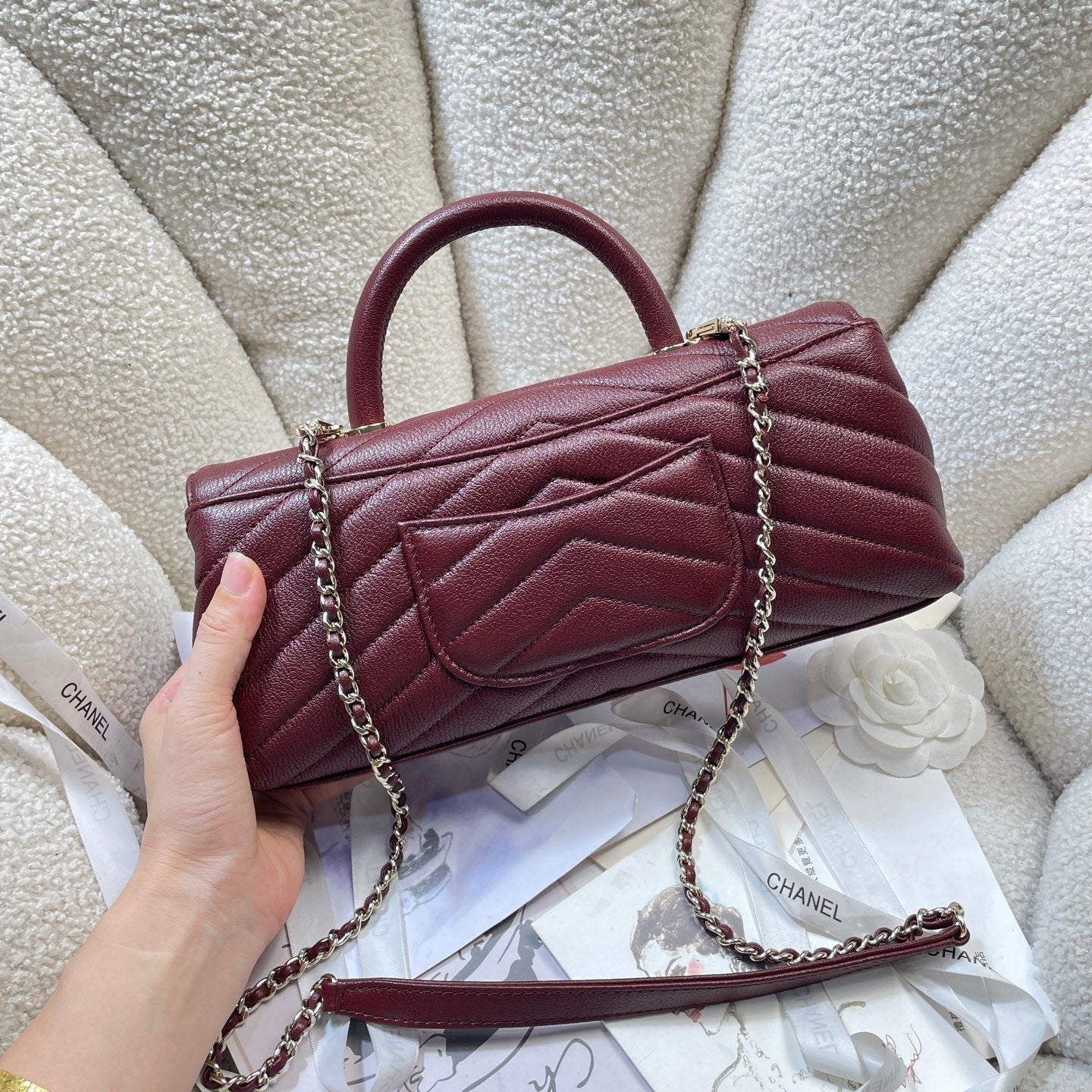 CHANEL 26S COCO HANDLE BAG 32 IN DARK RED GRAINED CALFSKIN GOLD HARDWARE