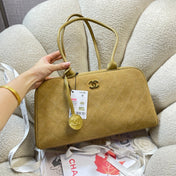 CHANEL 26S TOP HANDLE BAG MEDIUM 35 IN LIGHT BROWN QUILTED SUEDE AND CALFSKIN GOLD HARDWARE