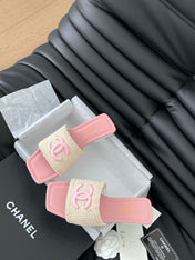 WOVEN SLIDE IN RAFFIA AND LIGHT PINK LAMBSKIN