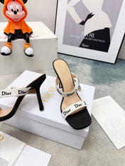 DIOR 26S HEELED SANDAL 95MM IN BLACK AND WHITE WITH J'ADIOR STRAPS CANVAS