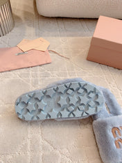 RABBIT FUR SLIPPERS RHINO GRAY WITH EMBROIDED LOGO
