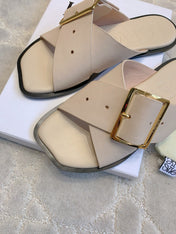 PETAL BELT FLAT SANDAL IN BEIGE CREAM CALFSKIN