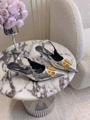 BALENCIAGA 25S HIGH SLINGBACK 35 MM IN SILVER LAMBSKIN WITH GOLD HARDWARE