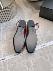 CHANEL 25S CAMELLIA SQUARE TOE FLATS IN ROSSO ANCORA CALFSKIN GOLD HARDWARE