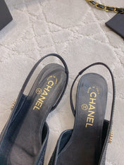 CHANEL 25S SLINGBACK IN SPARKLING BLACK CALFSKIN AND CANVAS GOLD HARDWARE