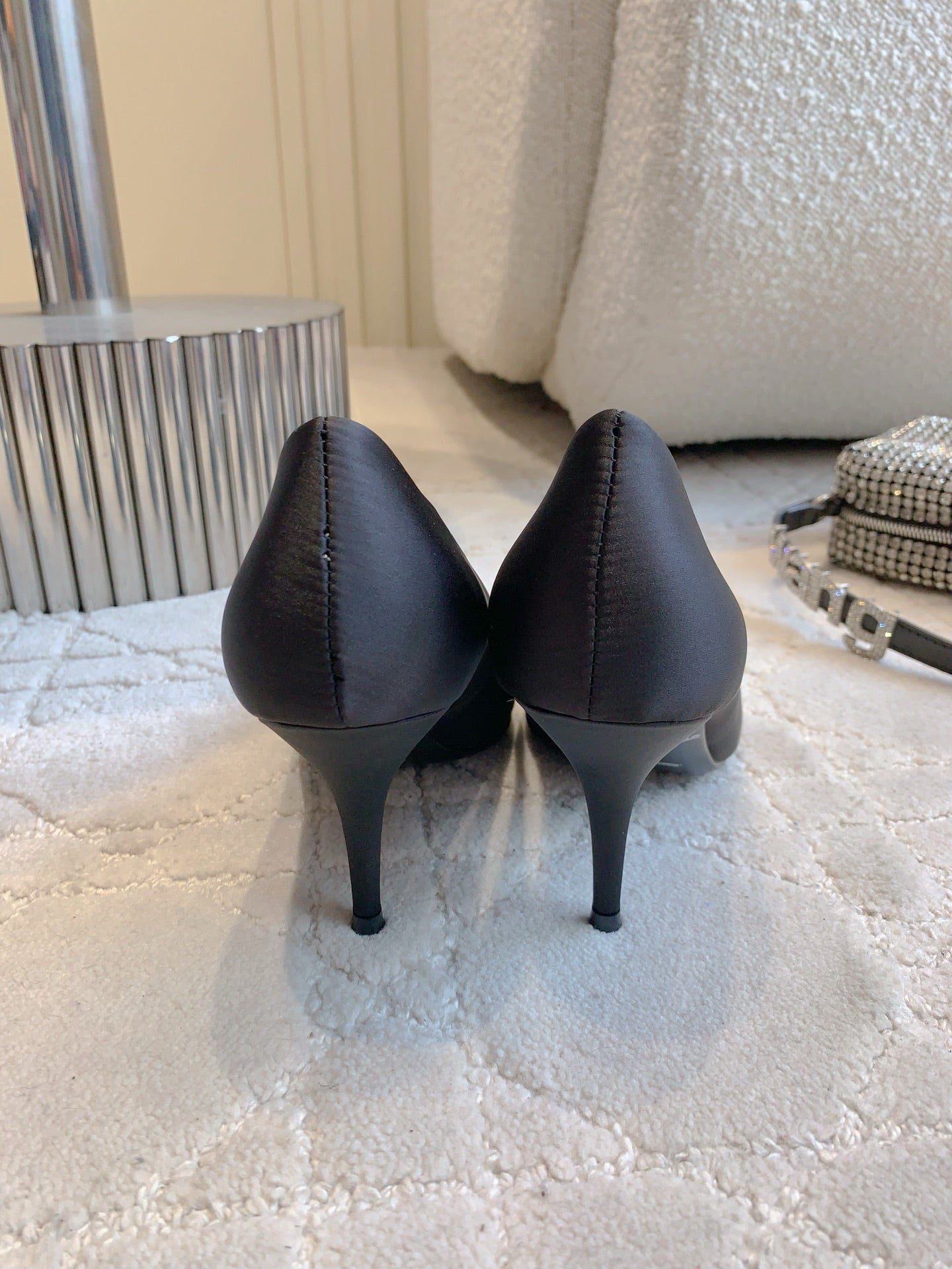 BALENCIAGA 25S POINTED-TOE HIGH HEELS 70 MM IN BLACK SATIN WITH GOLD HARDWARE