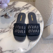 MIUMIU 26S SLIDE SANDALS IN BLACK CALFSKIN AND WOOL