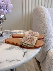 MIUMIU 26S SLIDE SANDALS IN LIGHT BROWN CALFSKIN AND WOOL